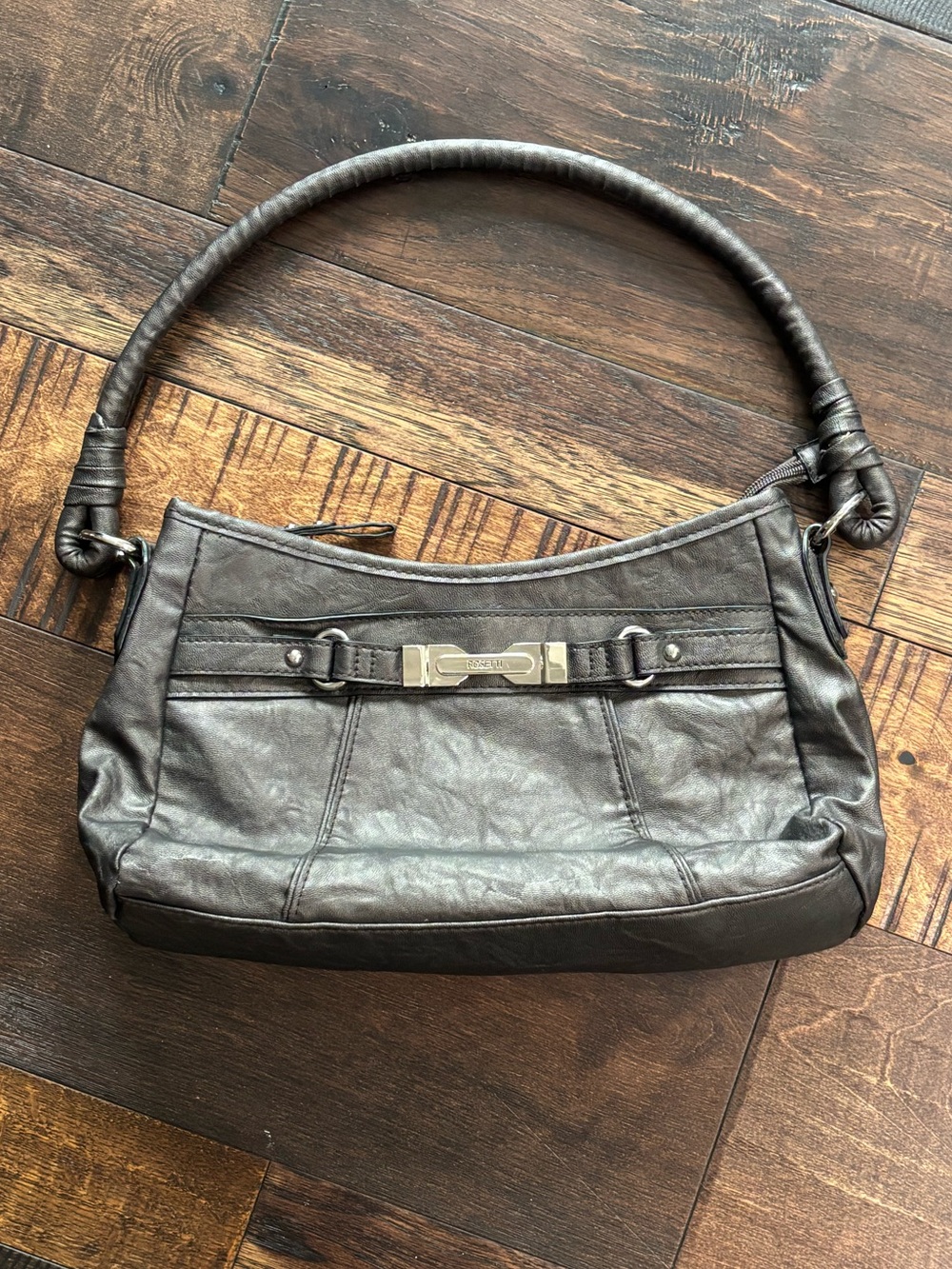 Vintage Rosetti Charcoal Gray Faux Leather Hobo Shoulder Bag Belted Accent Y2K
